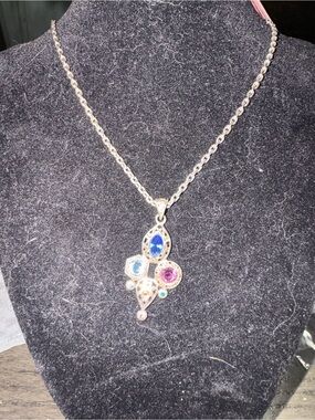 Brighton Silver Multi-Gem Pendant Necklace - Blue & Pink Accents